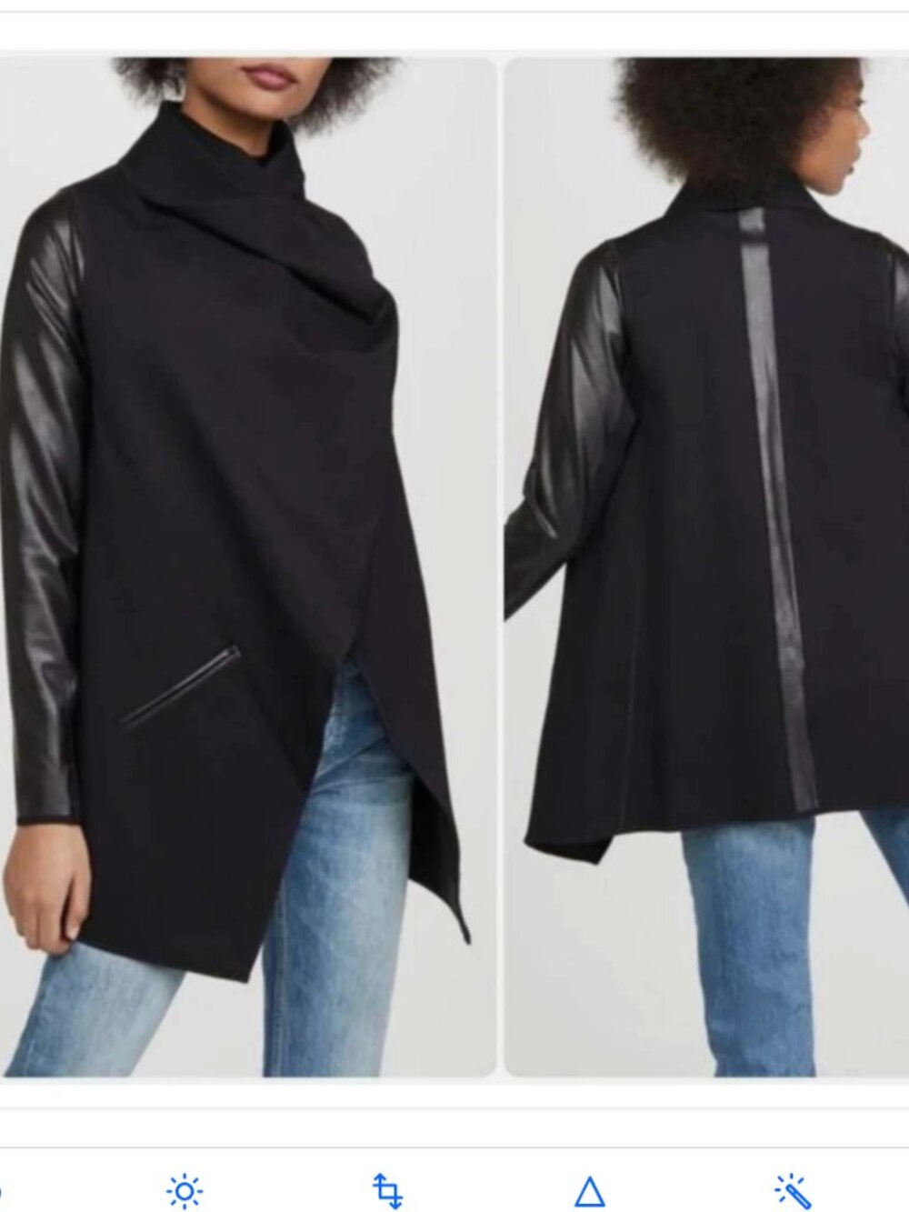 Spanx Drape Front Wrap Jacket Medium Black Faux Leather Stretch Asymmetric Biker